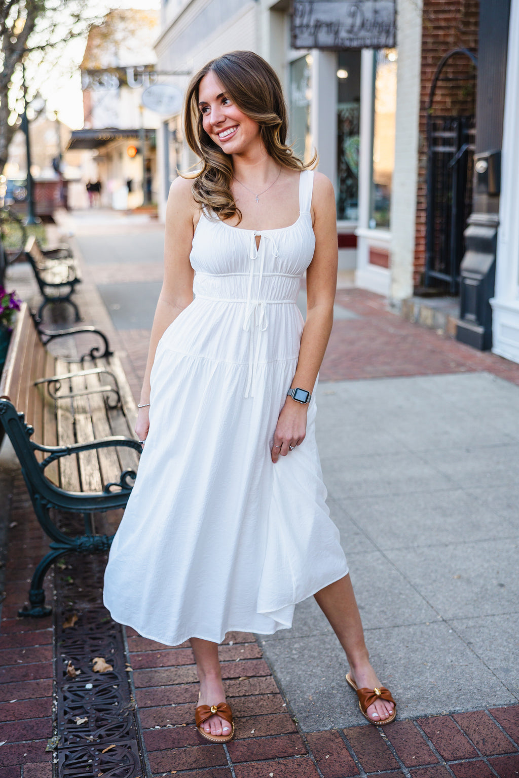midi dress with tie front Blu Pepper Fit & Flare - White Size:2 USA ss25-smolenskaya-boutique Green Linen T Shirt Tan Striped Tie Front