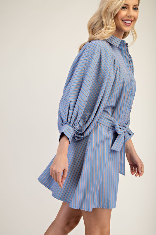 Blue Two Tone Abstract Print Puff Sleeve Dress