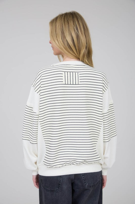 STRIPE RAW EDGE CUFF SLEEVE OVERSIZED KNIT TOP