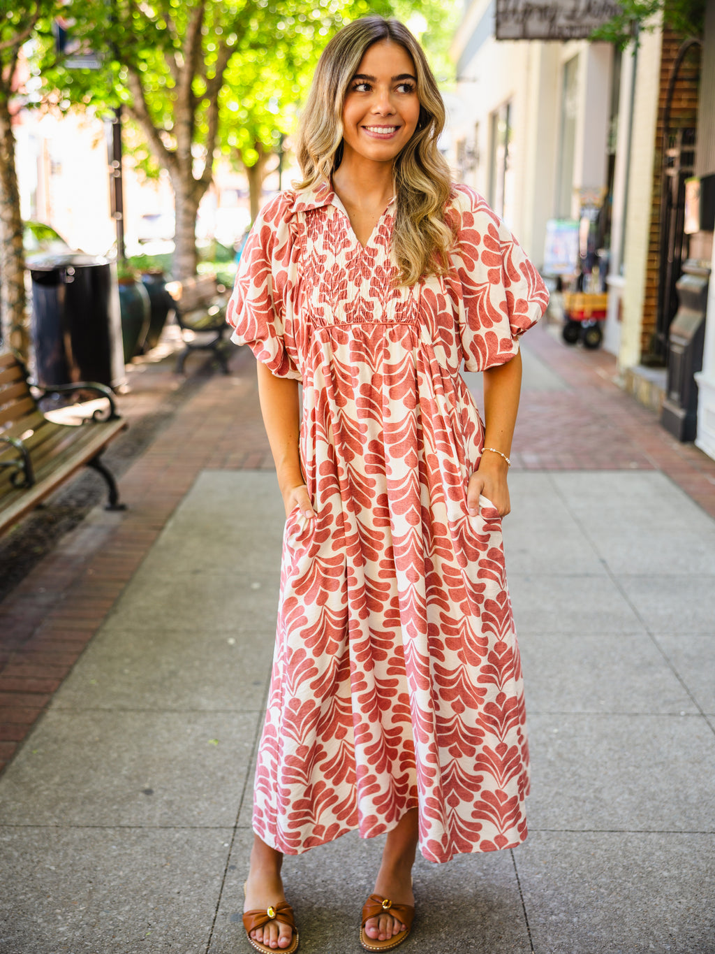 Mauve Floral Print Puff Sleeve Midi Dress