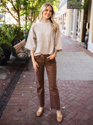 Oatmeal ribbed mock neck sweater