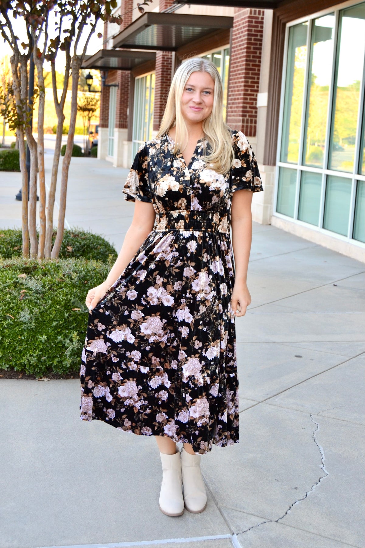 Knee Length Black Floral Dress Cute Black Floral Tiered Midi Dress