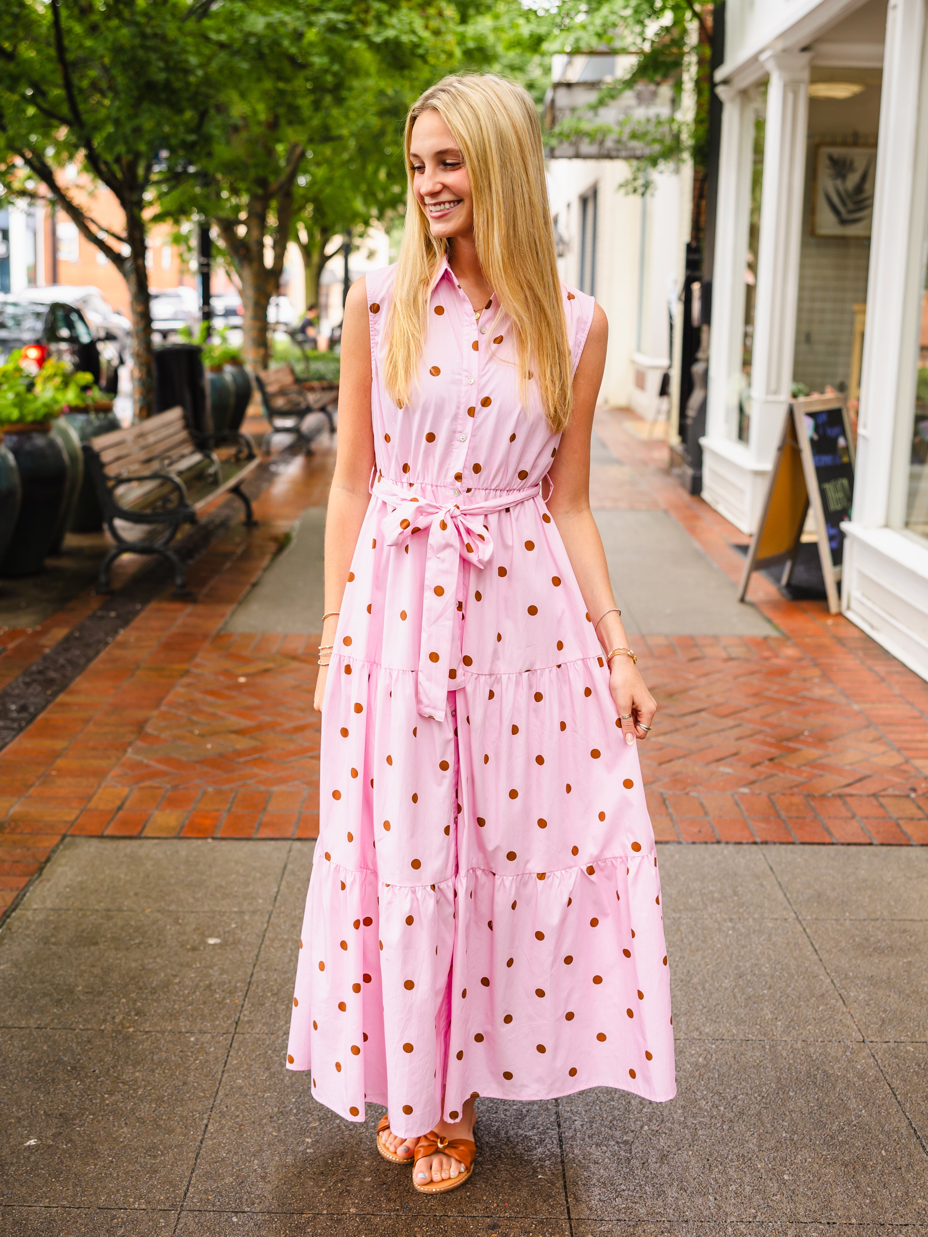 Pink & Brown Polka Dot Collared Midi Dress with Self-Tie Belt