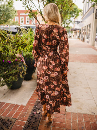 Dark brown floral print long sleeve midi dress