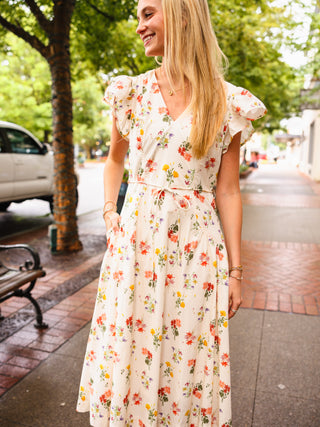 Ivory floral print midi dress