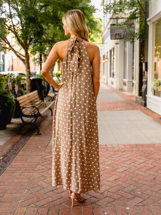 Taupe polka dot halter neck dress