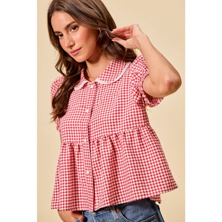 Check button front puff sleeve blouse