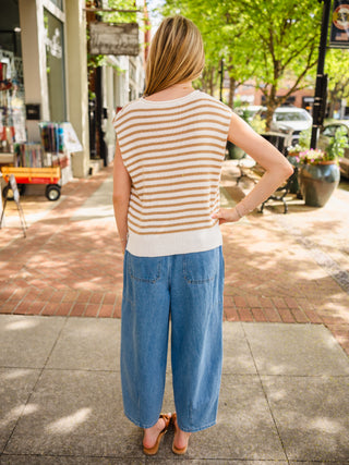 Taupe & white stripe sleeveless sweater