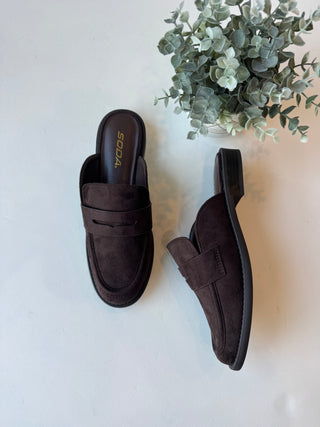 Dark brown faux suede slip on loafers