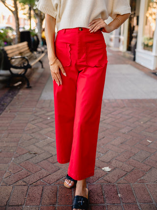 Red scallop pocket pants