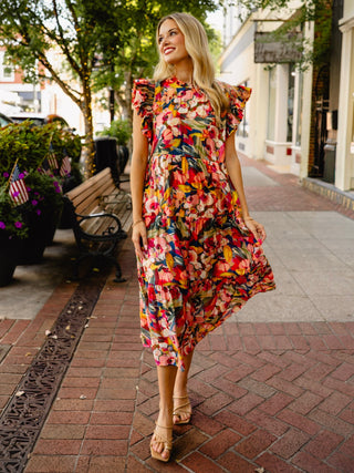 Ruffle sleeve, floral tiered dress