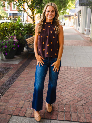 Brown & rust polka dot halter neck top