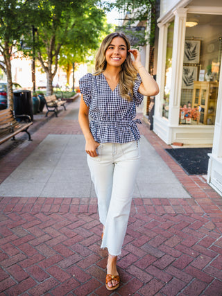Gingham Ruffle Sleeve Peplum Top
