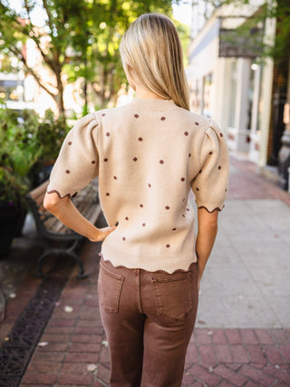 Taupe & Brown Polka-Dot Scalloped-Trim Sweater