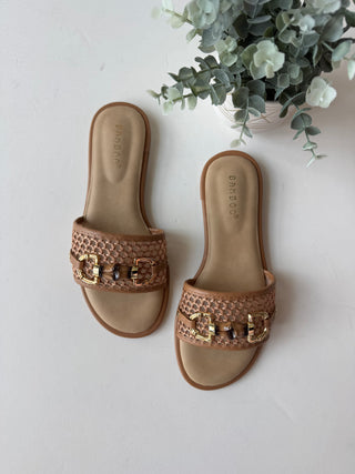 Tan woven slip on sandal