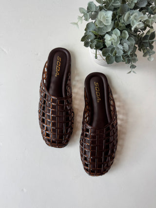 Brown jelly caged slip on mules