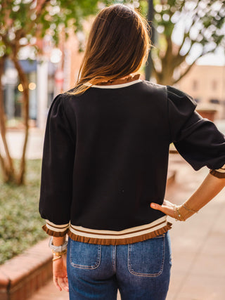 Black LS ruffle & stripe trim top