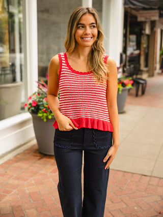 Red stripe ruffle trim sweater