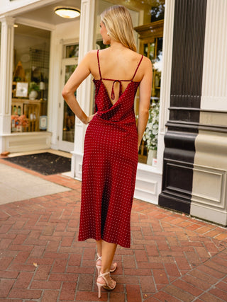 Burgundy polka dot midi dress
