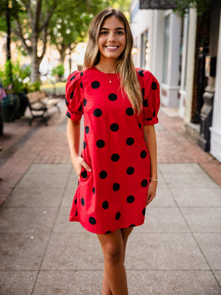 Red & black polka dot dress