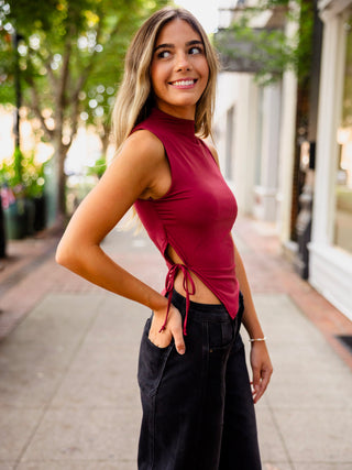 Burgundy mock neck strappy detail tank