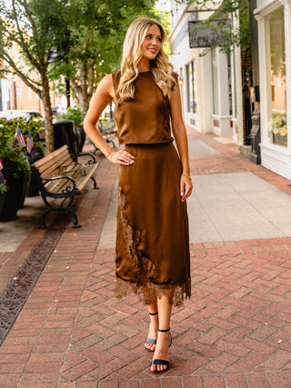 Brown lace trim midi skirt