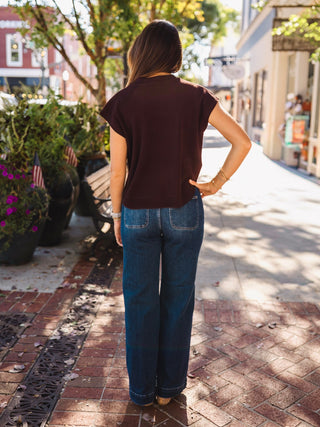 Brown rib textured short sleeve top