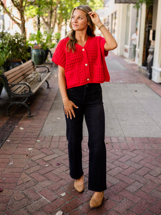 Red waffle texture cardigan