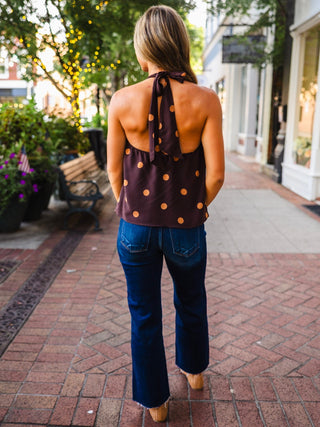 Brown & rust polka dot halter neck top