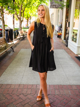 Pintuck Sleeveless Tie Front Dress