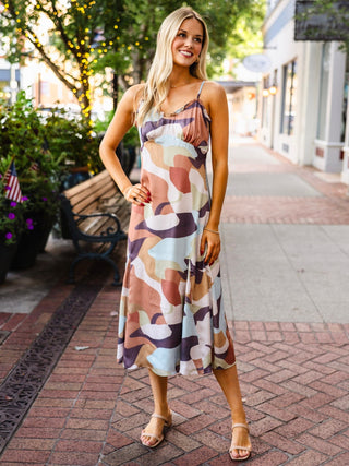 Multi abstract print sleeveless midi dress