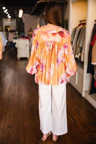Coral floral print LS blouse