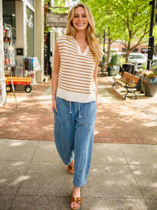 Taupe & white stripe sleeveless sweater