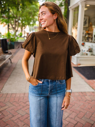 Brown puff short sleeve swing top
