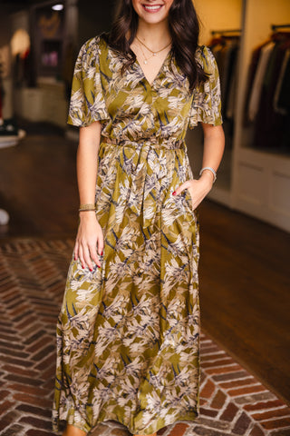 Olive print midi dress