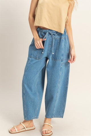 Women's blue denim barrel jeans