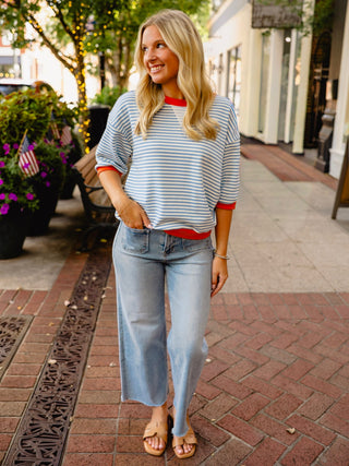 Blue and orange stripe pullover