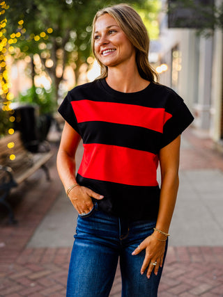 Red & black striped cap sleeve top