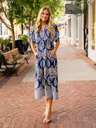Navy geo print SS midi dress