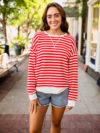 Red & White Striped Textured Pullover