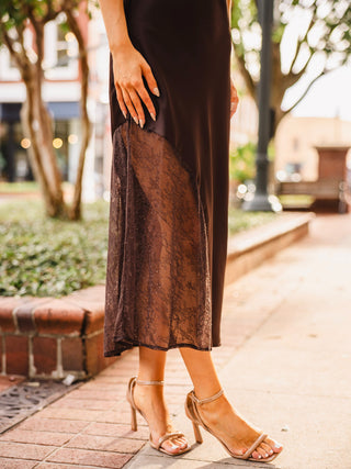 Dark brown cap sleeve lace trim midi dress