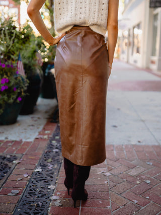 Brown faux leather midi skirt