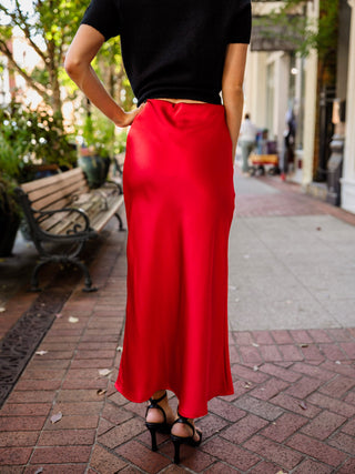 Red satin midi skirt