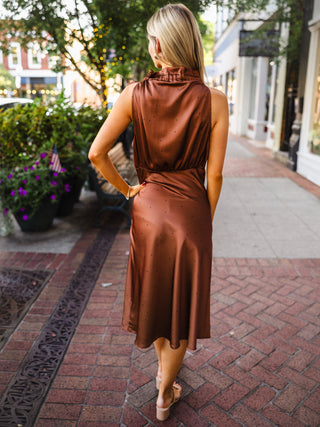 Brown polka dot ruffle detail midi dress