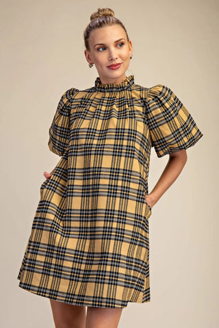 Taupe plaid ruffle trim dress