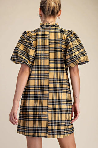 Taupe plaid ruffle trim dress