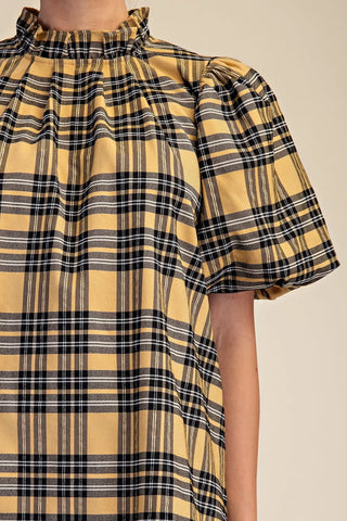 Taupe plaid ruffle trim dress