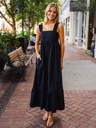 Black ruffle strap, tie back midi dress
