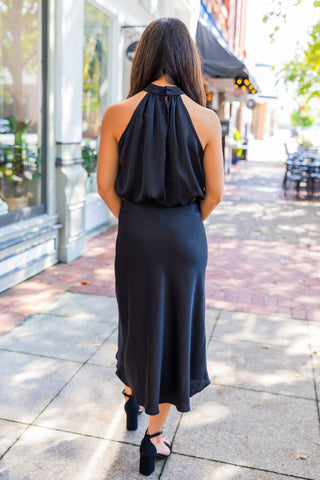 Black halter neck midi dress