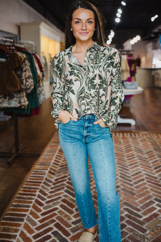 Olive print LS blouse